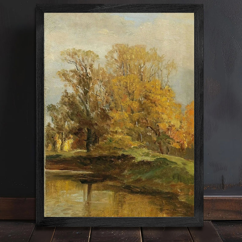 Reproduction d'art mural de qualité supérieure avec cadre en bois noir, fond d'arbres de rivière, image encadrée pour décoration murale, cadre en bois noir massif inclus