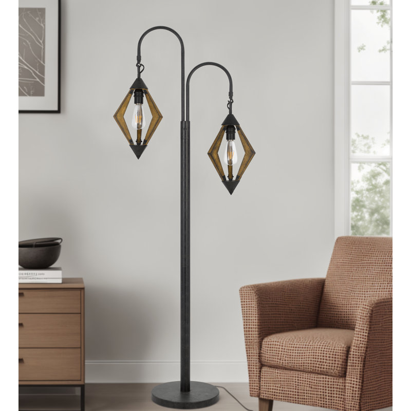 6W x 2 Valence pine wood/metal floor lamp with diamond shape shade. 6W Edison style LED bulbs are included.
