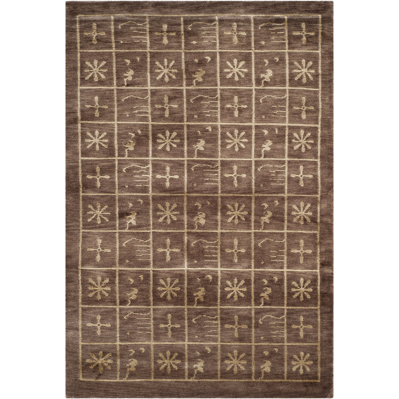 Tibetan Plum Pictogram Brown Area Rug, Rectangle 4' x 6'