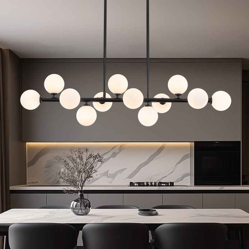 Lustre linéaire moderne en verre bullé 12 lumières à intensité variable Spoutnik, Blanc, Noir mat et blanc