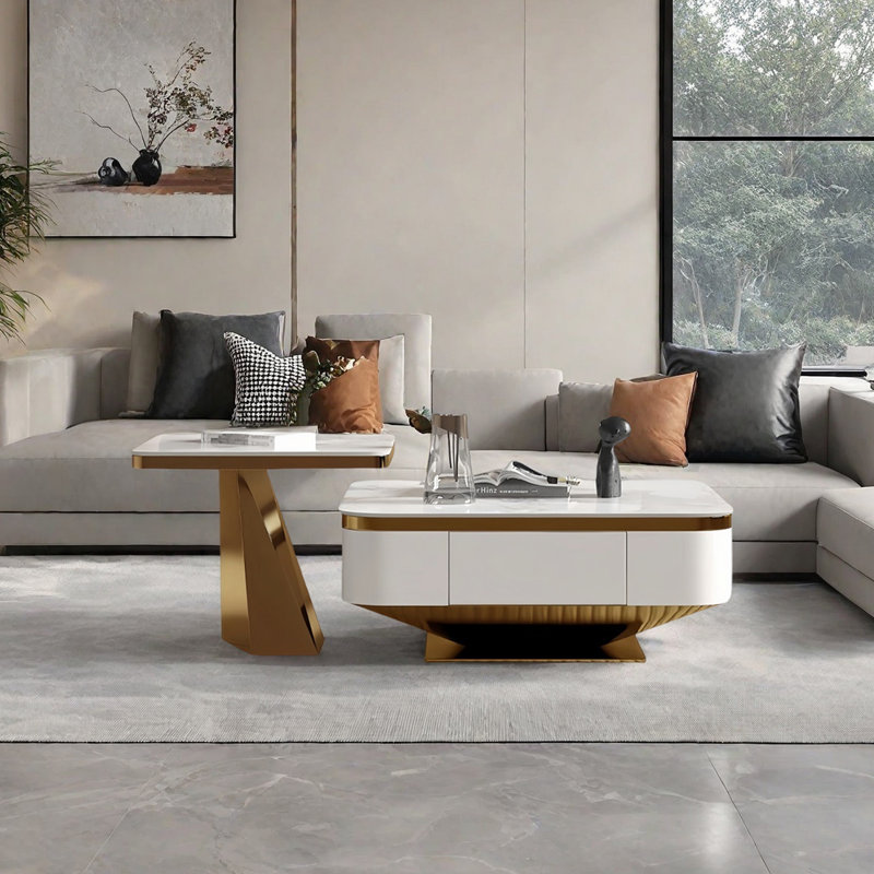 Modern square granite tabletop coffee table, Gold, 14.6" H x 35.4" L x 35.4" W