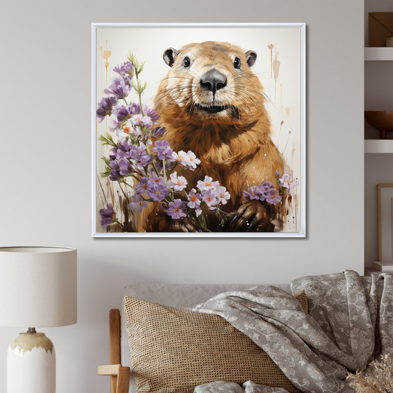 «Brown Tranquil Wetland Beaver Blooms», art mural animaux, Cadre flottant blanc, 36" H x 36" W