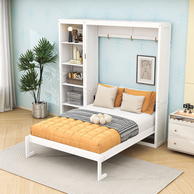 Lit escamotable en bois avec tablettes multifonctionnelles, Blanc, Grand lit