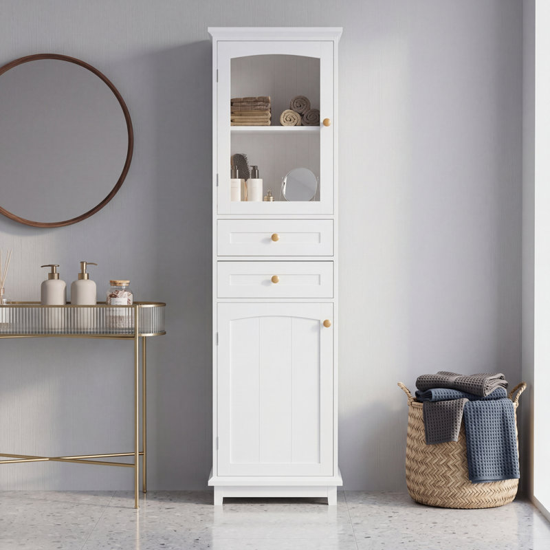 Grande armoire de salle de bain autoportante blanche de 63 pouces, armoire de rangement en MDF avec portes en verre, deux tiroirs et tablettes réglables