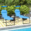 Chaise de plage avec parasol réglable et parasol, bleu, inclinable pour se prélasser au soleil, chaise longue d'extérieur, 2 pièces, méridienne