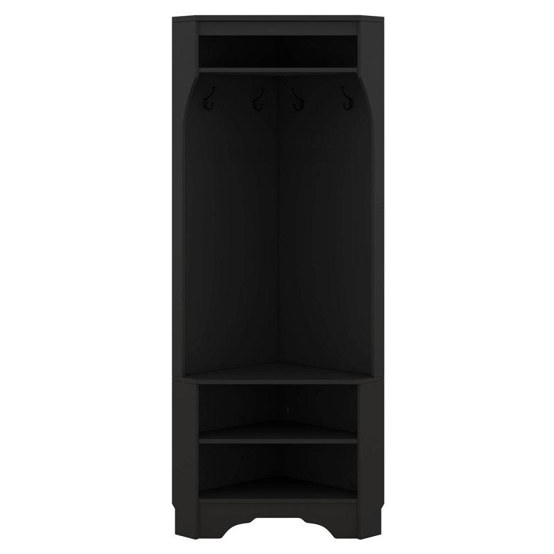 Corner Hall Tree With Shoe Bench, Versatile Coat Rack With 4 Hooks, Corner Cabinet With Adjustable Shelf, Black