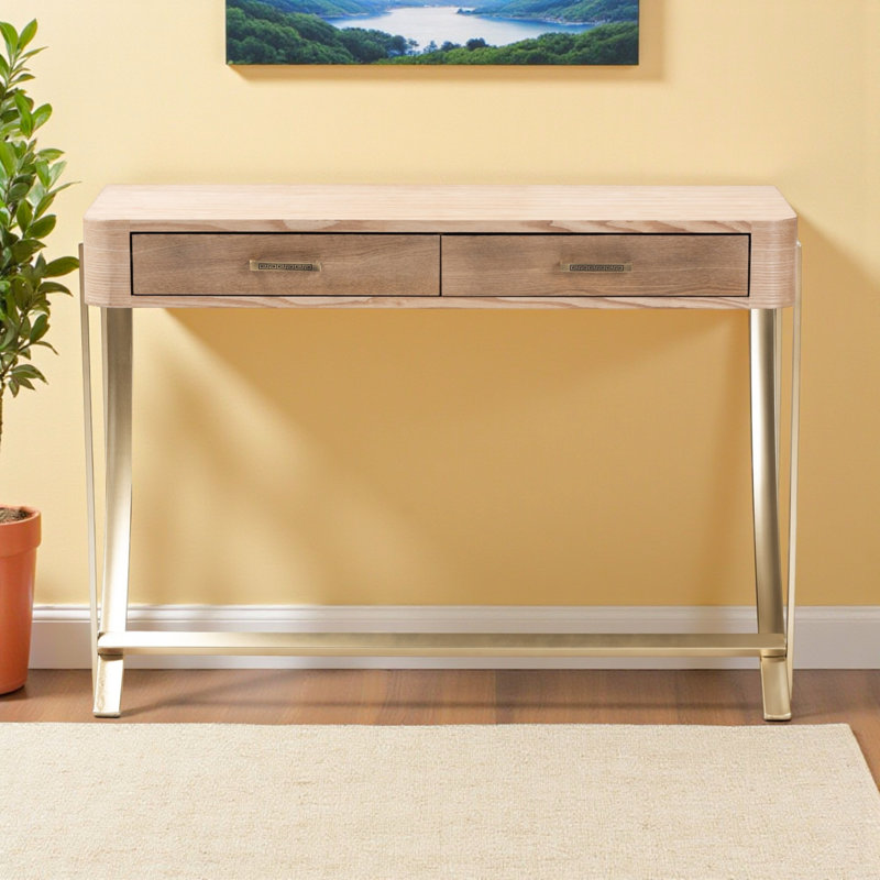 Console à deux tiroirs en bois brun avec accents dorés, H 29,33 po x l 42,33 po x P 15,93 po
