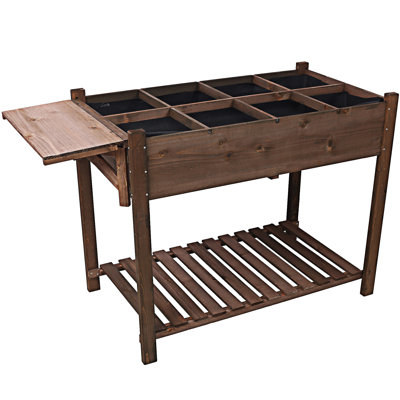 8 Pockets Horticulture Raised Garden Bed Elevated Wood Planter Box Stand With Foldable Side Table
