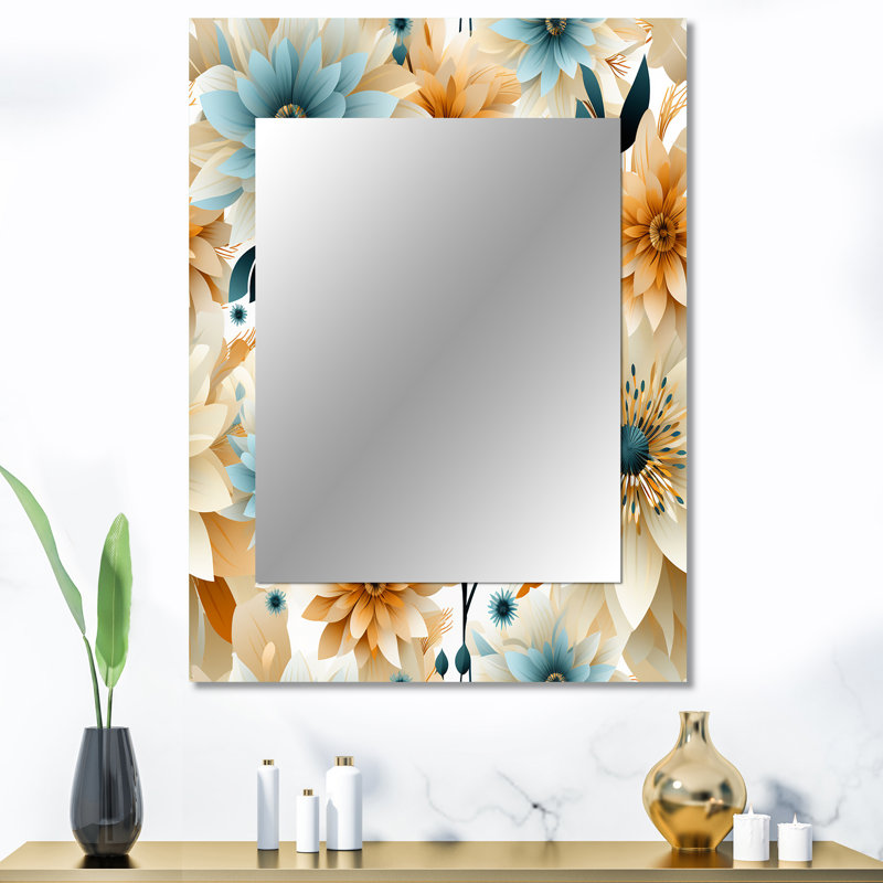 Jacobsen Blue And Beige Geometric Floral Fusion Elegance - Floral Decorative Wall Mirror, Cottage Mirror, Printed Metal Art