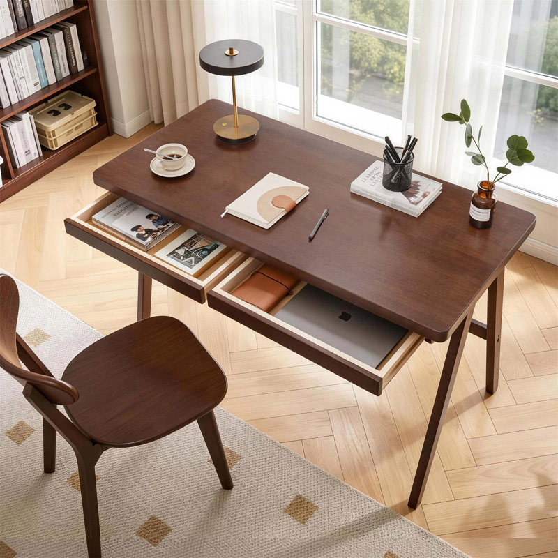 Bureau d'ordinateur en bois d'hévéa massif de 39,37 po - Table d'écriture rétro très épaisse de 1,38 po avec tiroir et pieds en A robustes