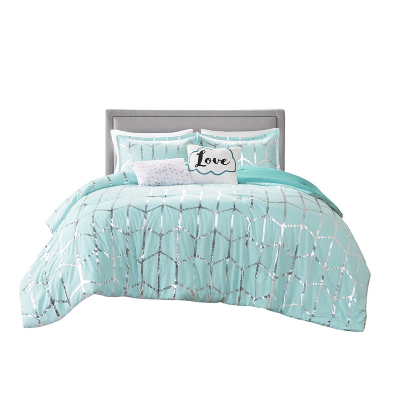 Comforter In Blush With Metallic Cloud-Shaped Pillows Stylish And Embroidered, Aqua/Silver