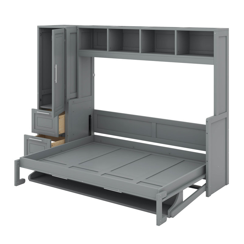 Lit escamotable double avec placard et tiroirs, Gris