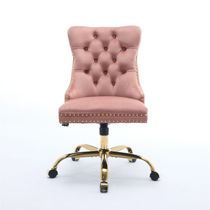 Fauteuil de bureau moderne capitonné en velours capitonné à boutons, fauteuil de bureau pivotant sans accoudoirs, Rose