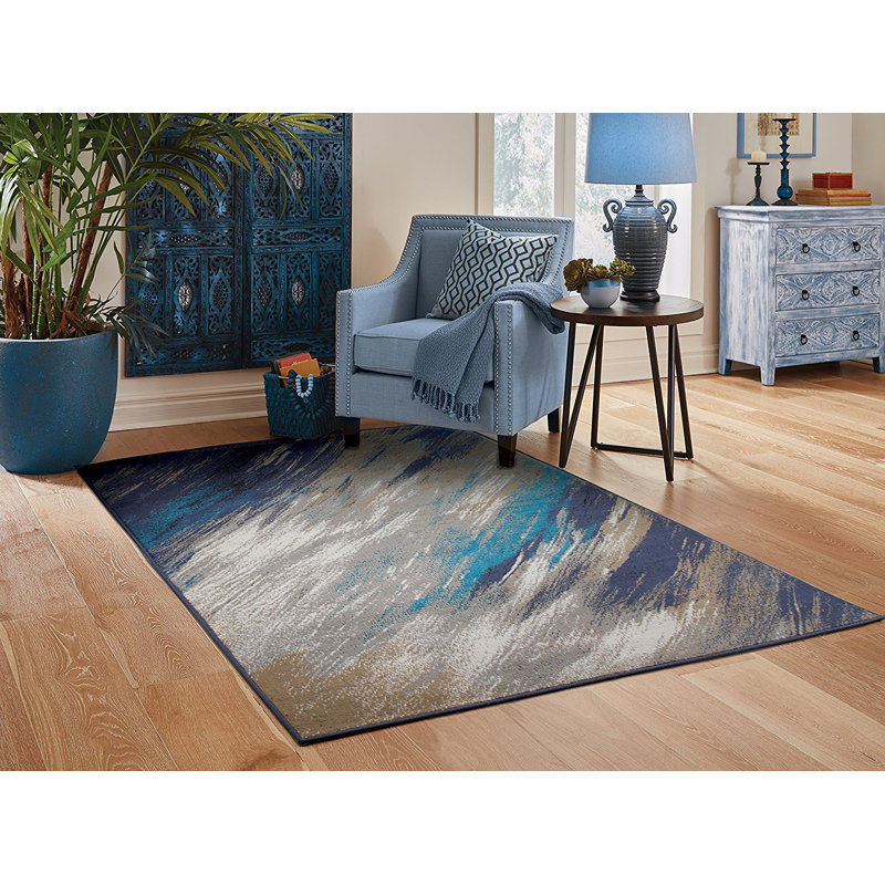 Tapis d'intérieur / extérieur bleu / gris à motif abstrait Yablonski, Rectangle 5 pi x 8 pi