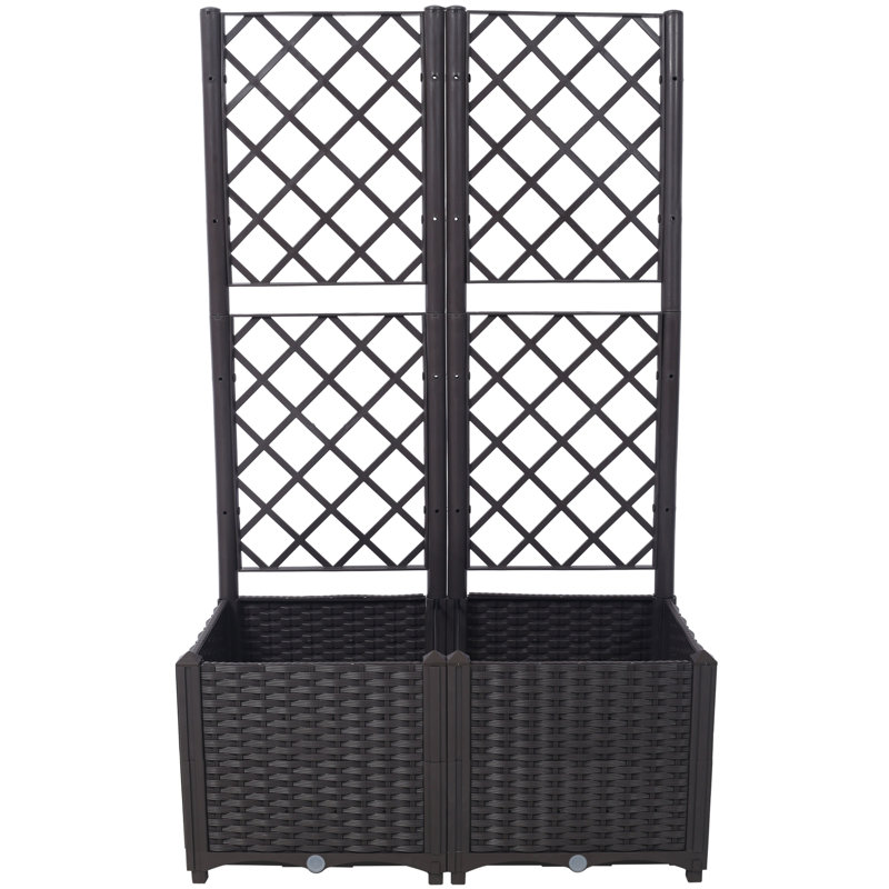 Lit surélevé en poly rotin brun avec bouchon de drainage - 2 pots amovibles avec de grandes jardinières - Support intégré pour plantes grimpantes - Décoration de jardin pour l'extérieur
