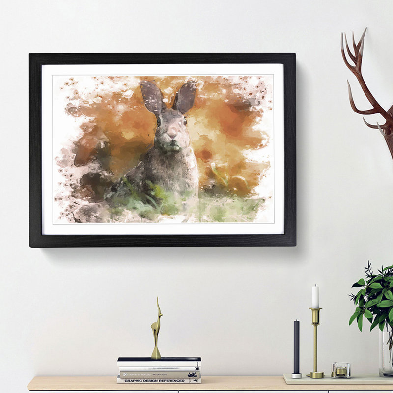 Hare in a Meadow in Abstract - Picture Frame Painting Print, 27cm H x 36cm W x 2cm D, Black Framed