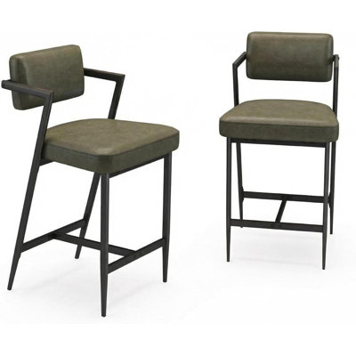 Set of 2 Bar Stools, 27" Counter Height Bar Chairs with PU Leather Cushion, Backrest, Armrest & Footrest, Thickened Metal Legs, Rustic Green for Kitchen Island, Counter, Living Room