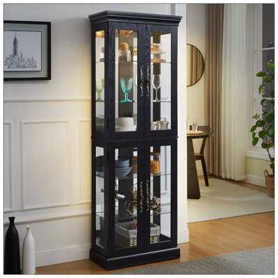 Elegant Lighted Glass Curio Display Cabinet - Wooden Frame Storage For Living Room, Kitchen & Pantry - Includes Light Bulb - Ideal For Wine, Toys & Collectibles - Black