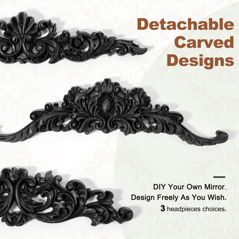 Anjulie Arch Solid Wood Mirror Ornate Mirror Wall Mirror Retro Mirror with Carved Frame, 69" x 30", Black