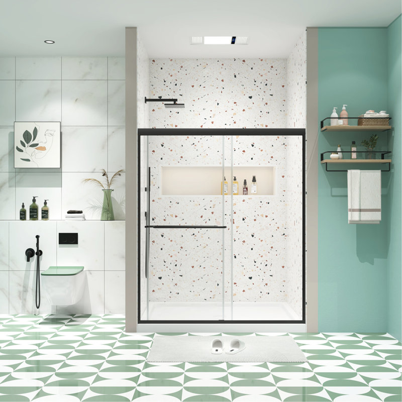 Porte de douche à dérivation, 44-48 po x 70 po, verre trempé 1/4 po, finition noire matte, avec coulissement confortable et bonne résistance aux fuites 44 à 48 po x 70 po