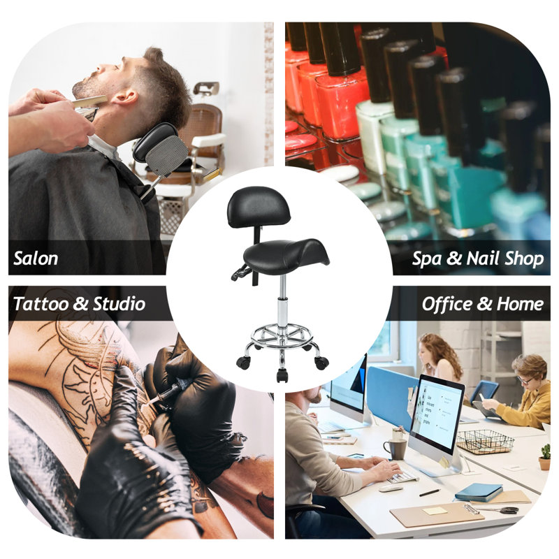 Modern Saddle Stool With Back Support, Rolling Stools With Foot Rest, Ergonomic Adjustable Stool With Wheels, Backrest Adjustable Height & Angle For Salon Spa Tattoo Massage Office Swivel Stool Chair.