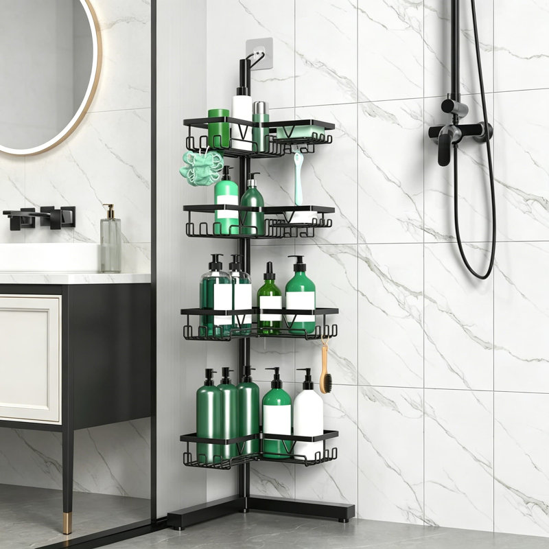 4-Tier Adjustable Standing Shower Caddy Corner, Floor Shower Organizer With Soap Holder And Razor Rack, Free-Standing Bathroom Storage For Large Bottles, Rust-Resistant Metal, Black