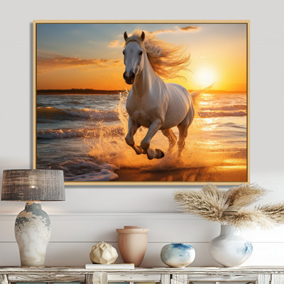 Wild horse running on beach 1 - Coastal Beach Framed Prints