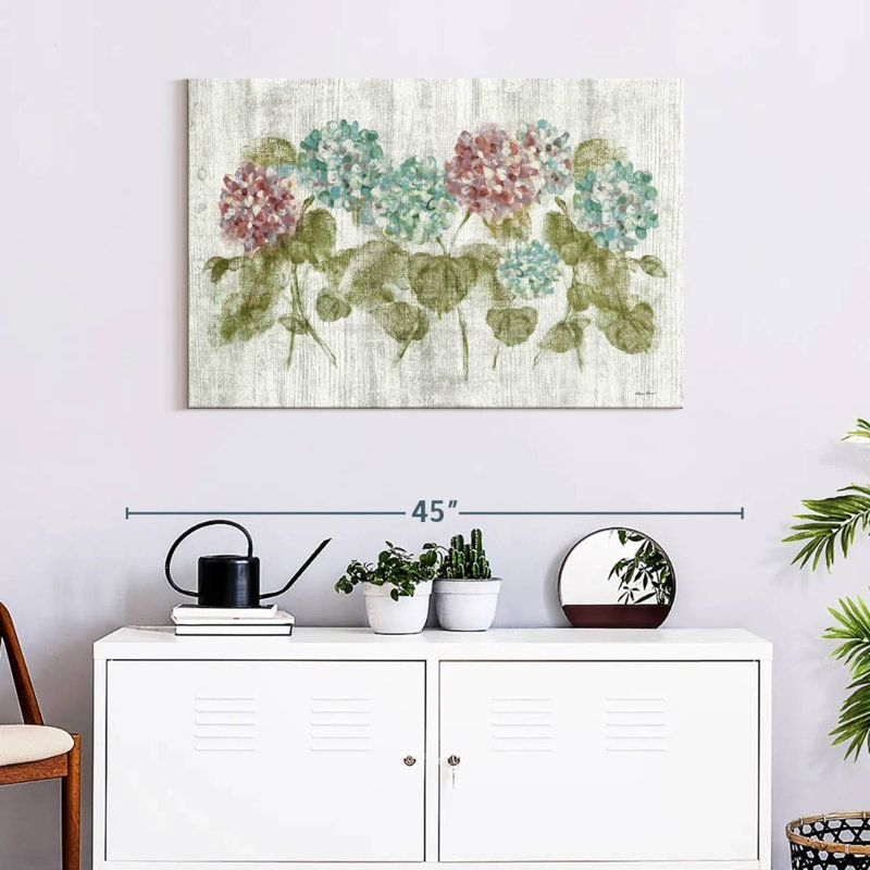 Harnek, rangée vibrante d'hortensias sur bois, H 24 po x l 36 po