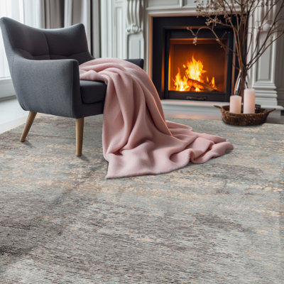 Tapis abstrait moderne en laine, bambou et soie, gris aqua, 160 x 236 cm, noué à la main