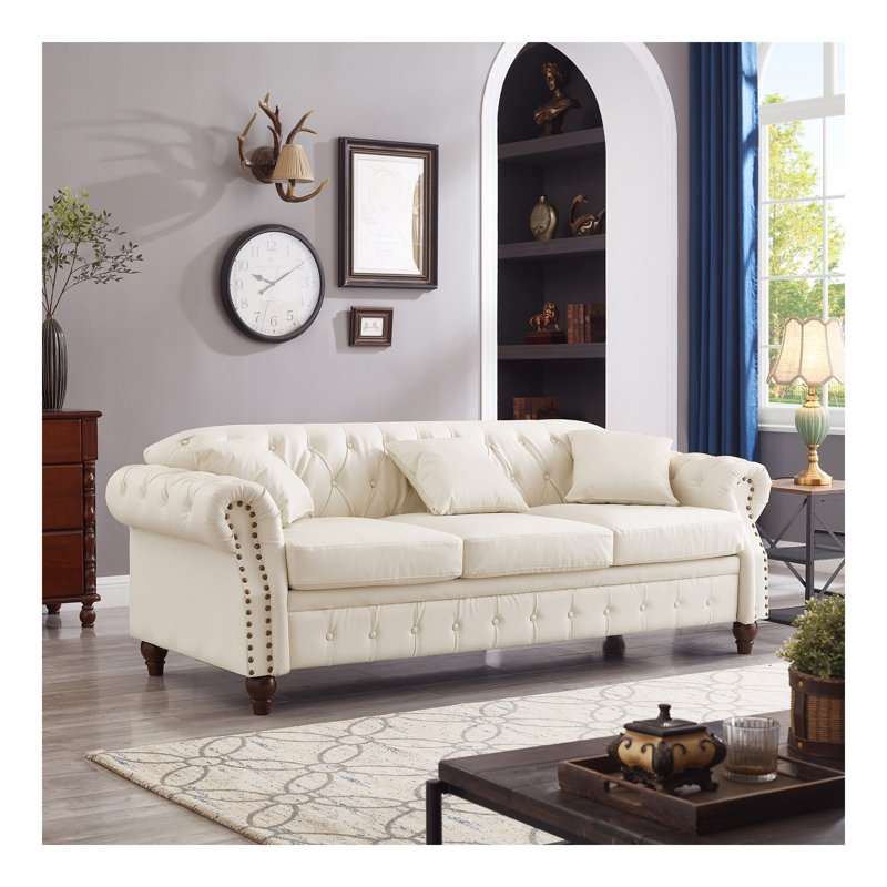 Living Canapé Chesterfield classique capitonné en similicuir capitonné avec rangement, Cuir technique blanc ivoire