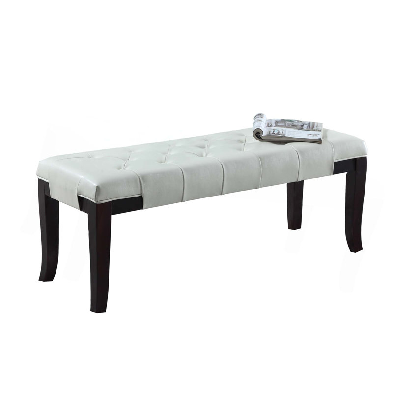 Solid Wood Upholstered Tufted Bench, White Leather