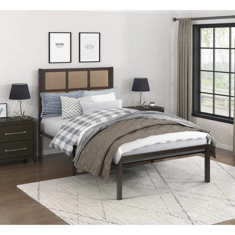 Platm Bedmetal Frame Finish Faux Cane Headboard, Gris