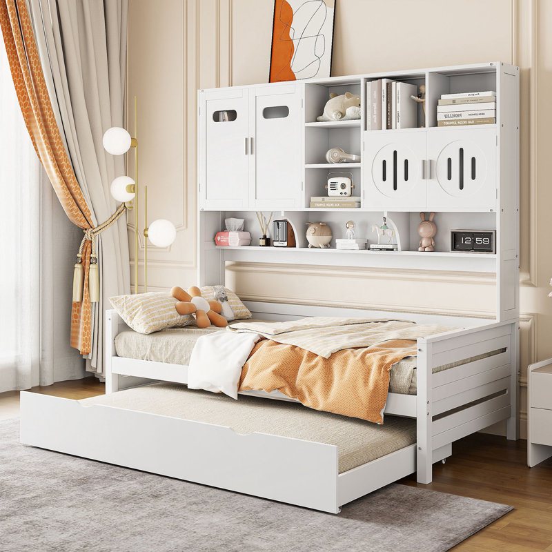 Lit de jour simple avec lit gigogne simple, armoire et tablette tout-en-un, lit de jour moderne, Blanc