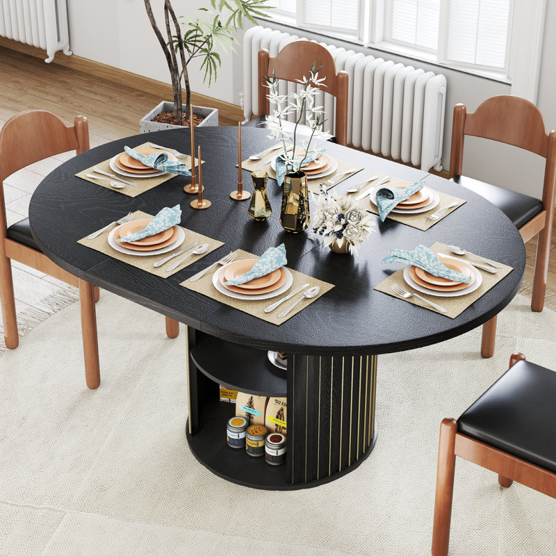 Extendable Dining Table For 4-6, 43.3in-59in Dining Room Table With Storage Shelf, Black