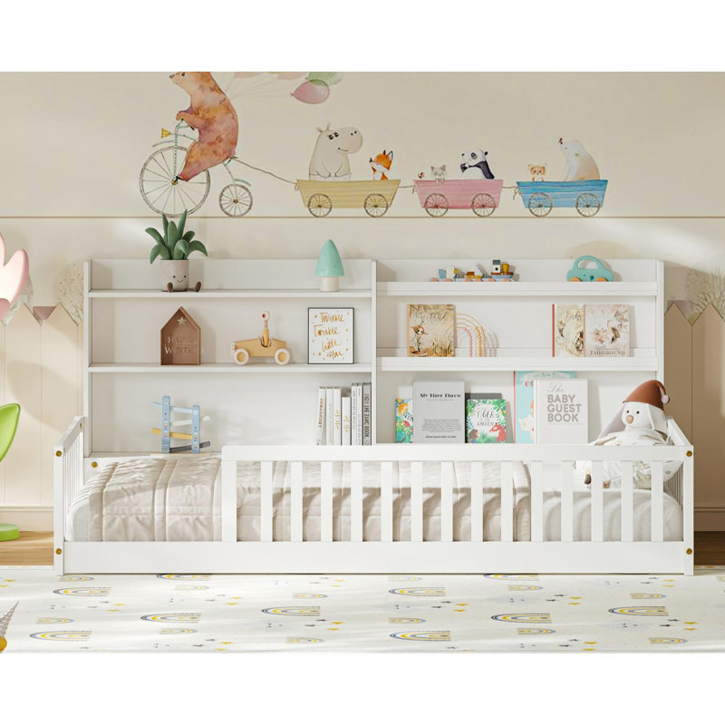 Lit pour enfant en bois de pin massif avec bibliothèque intégrée, lit simple Montessori avec rails de sécurité