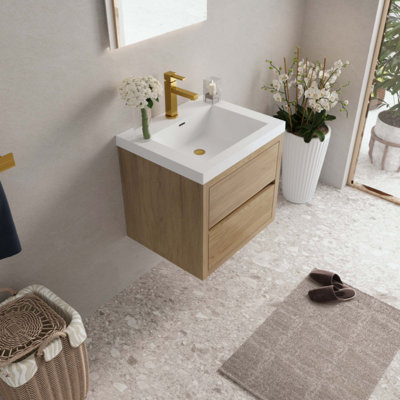Meuble-lavabo mural avec lavabo, armoire de rangement flottante avec comptoir en résine de pierre et tiroirs à fermeture en douceur