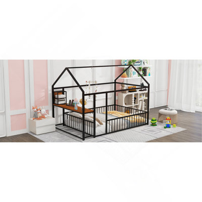 Structure de lit pleine grandeur en métal avec bureau, tablettes, prises de courant et ports USB
