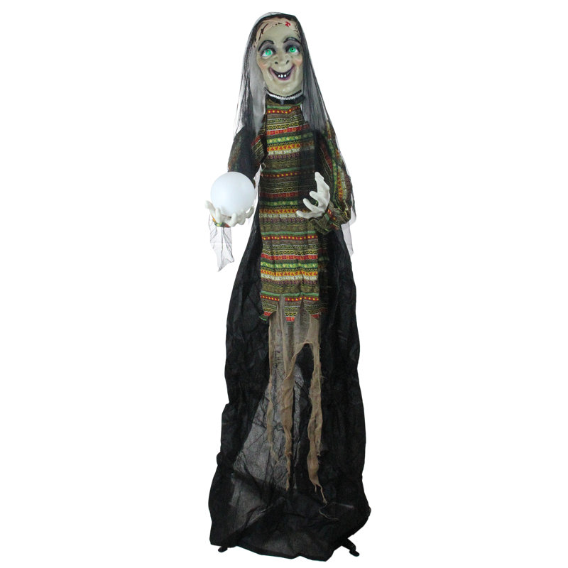 5.5' Pre-Lit Black and Green Standing Fortune Witch with Magic Ball Halloween Display
