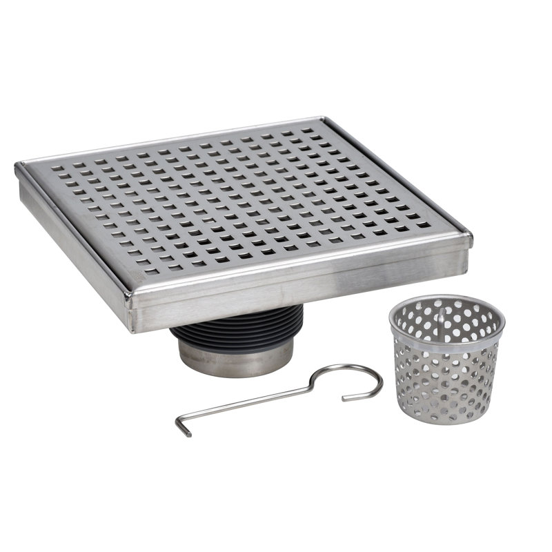 Square Shower Drain with Square Grate, Stainless Steel, 4" x 4"