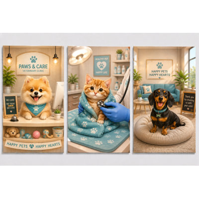 Grand ensemble de 3 impressions sur toile de salle d'attente pour animal de compagnie, "Poméranien chaton Checkup and Happy Pets", thème de la clinique, impression sur toile 16 x 24 pouces - prêt à être accroché