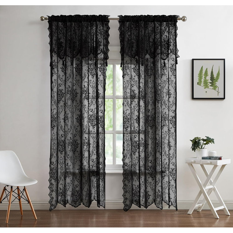 Rosdorf Park Pair Of 2 Sheer Lace Curtain Panels with Attached Matching Valance With 6 Tassels., 54" W x 63" L, Black