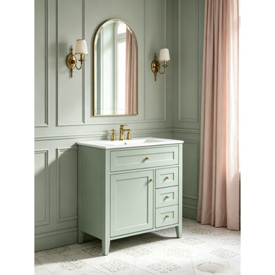 Meuble-lavabo autoportant de 30 po avec armoire en bois d'hévéa avec 3 tiroirs et tablette réglable pour la salle de bain
