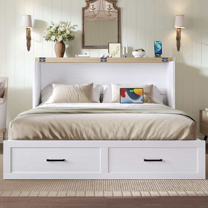 Armoire lit escamotable Murphy avec station de charge Lit plateforme multifonctionnel pliable avec 1 grand tiroir de rangement pour chambre d'amis Petite chambre