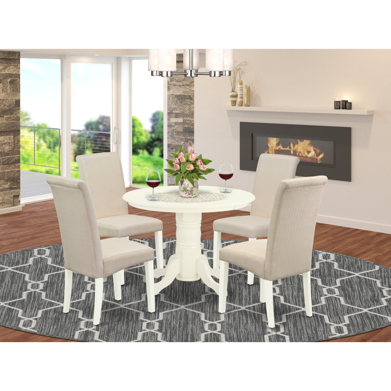 5 Piece Dinette Set for 4 Includes a Round Kitchen Table with Pedestal and 4 Cream Linen Fabric Parson Dining Chairs, Linen White