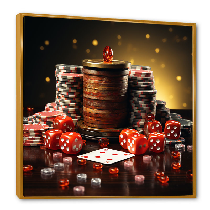 Art de jeu de casino «Poker III» - Casinos / traces de course, art mural, Cadre flottant doré, H 16 po x l 16 po