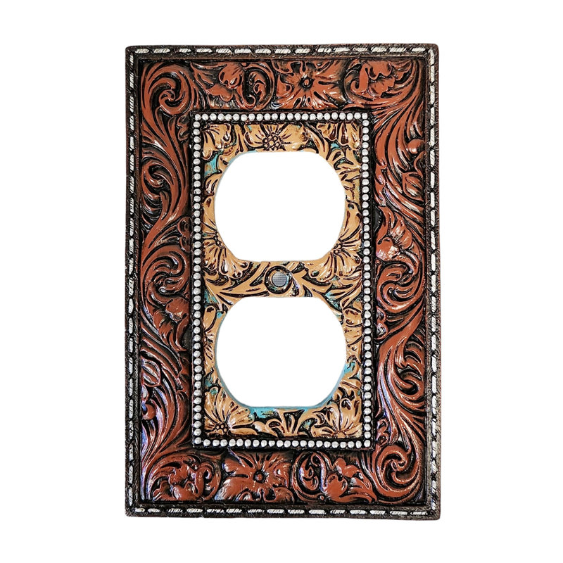 Polyresin Tooled Leather Look Floral Accent 1-Gang Duplex Power Outlet Wall Plate / Cover