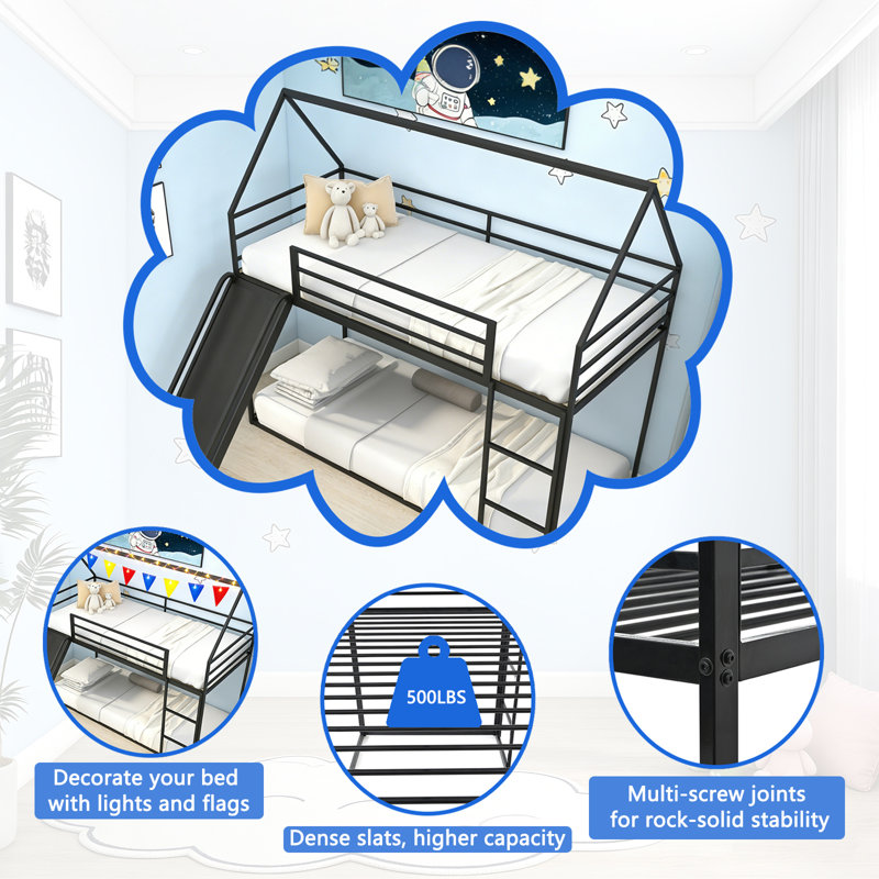 Twin Over Twin Metal Frame Kids Bunk Bed With Slide & Ladder, Black
