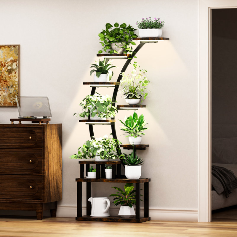 9 support à plantes d'intérieur de 63,6 po avec 5 lumières de croissance réglables, gradation à 10 niveaux, 3 options de minuterie, réglages de support pour surface d'eau, finition rouille