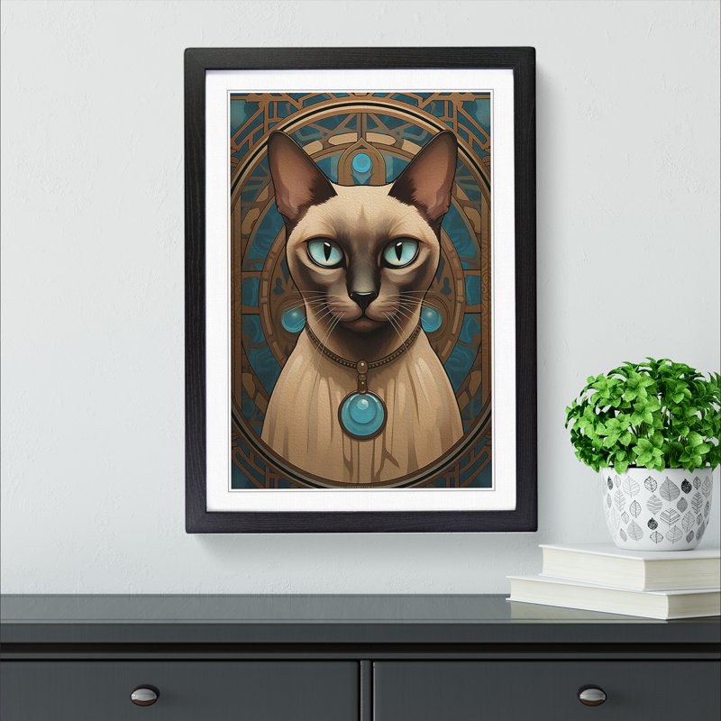 Siamese Cat Art Deco - Single Picture Frame Print on Wood, 34cm H x 25cm W, Black Framed