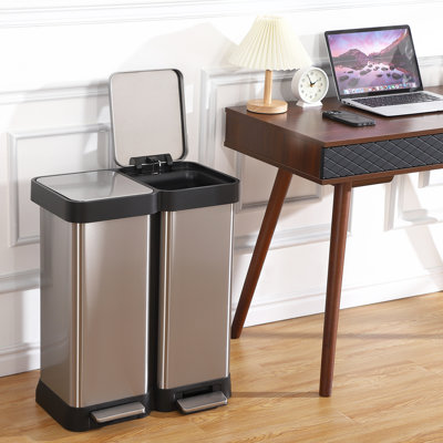 Dual Compartment Stainless Steel Kitchen Trash & Recycling Bin, 16 Gallon (60L, 2x30L) – Fingerprint-Proof Step Garbage Can – Soft Close Double Lid – No Inner Bucket